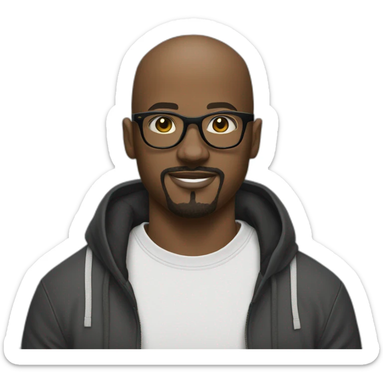 Sort of Bald young black man with faded black goatee glasses eye rolling holding Jordan Sneakers sticker