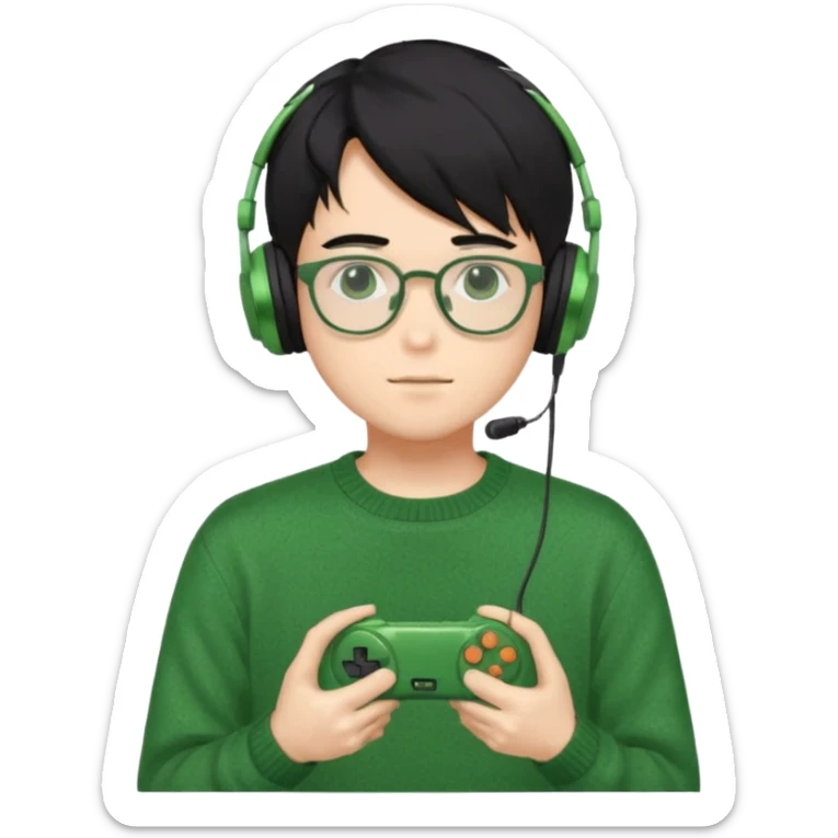 
gamer, Gorgeous green sweater black hair anime style shojo guy glasses, headphone, gamepad sticker