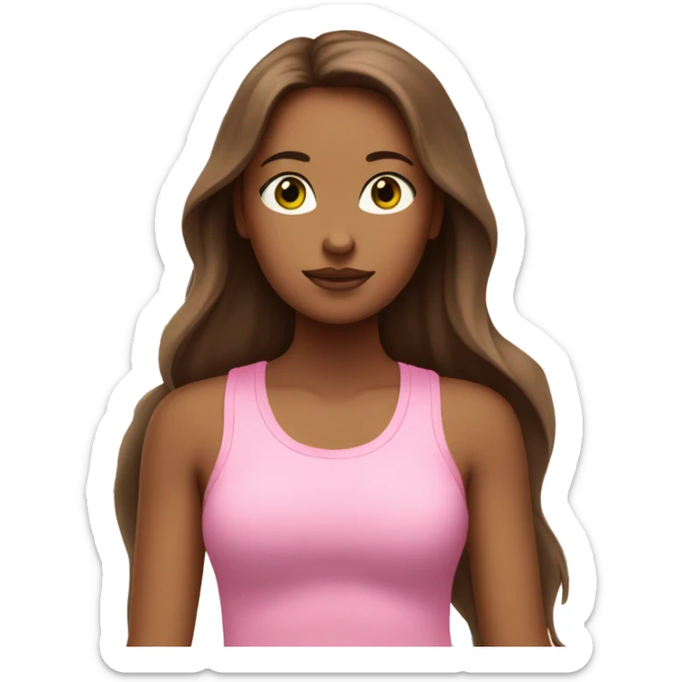 A girl with brown long hair, fair skin and green eyes meditates in a pink tank top and pink leggings sticker