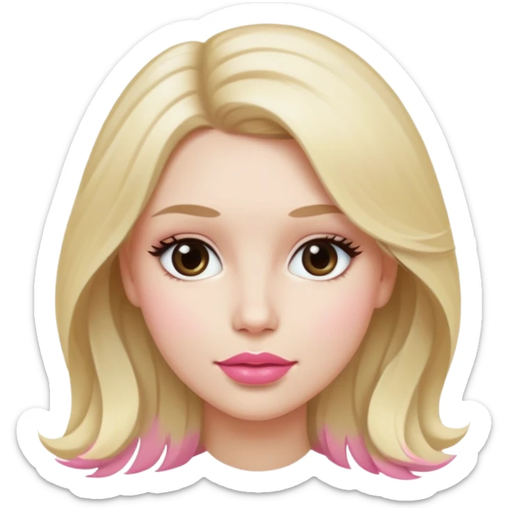 Woman with white tes, pink lips, slightly pink cheeks. Blonde hair with a slightly dark root, straight but wavy hair.  sticker
