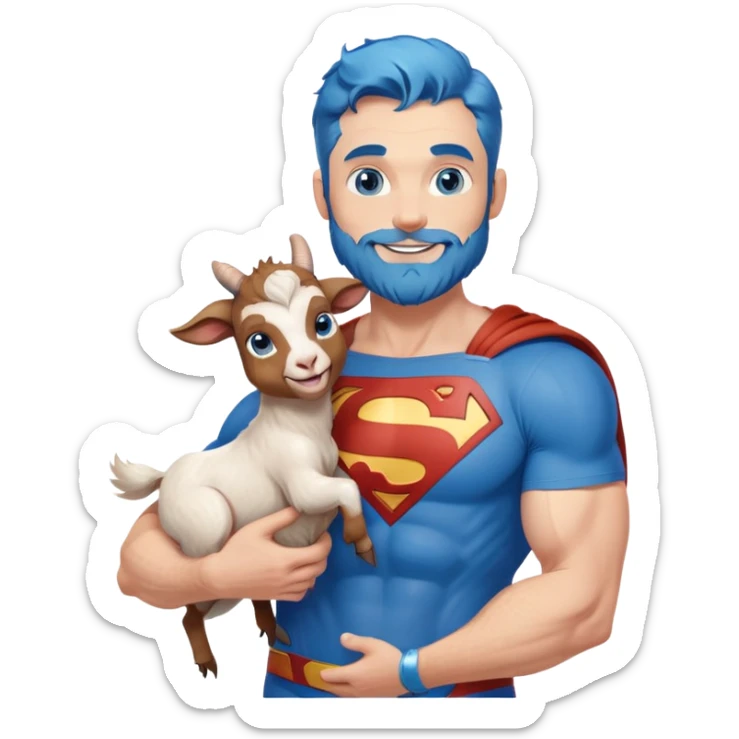 Full body Adult size Superman Blue Eyes Scruffy Redish and light Brown trimmed Beard Muscle happy holding a blue haired happy baby goat sticker