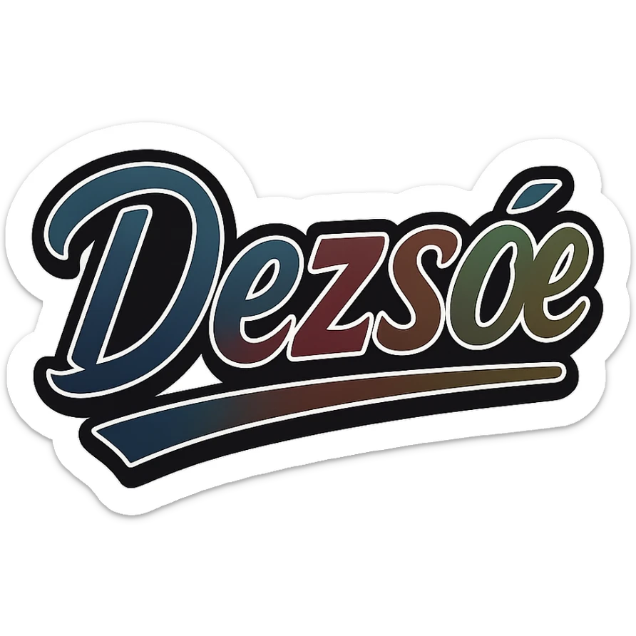 Dezső name in masculine, modern gradient font with dark contour, prominent and clearly visible white border like the sample image, dynamic slanted underline, masculine color shades (blue, gray, burgundy, green, brown), 1000x1000 px, PNG, transparent background, in the style of the uploaded Dezső sample, with an alternative solution if the long ő letter is not available. sticker