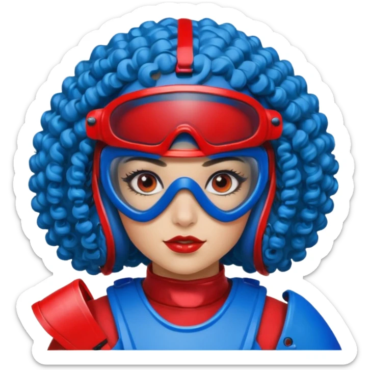 blue curly haired girl with huge earrings wearing red paintball helmet with eye protection, only face  sticker