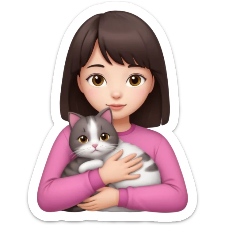 beautiful woman with dark brown straight hair and bangs, brown eyes wear a pink clothes, and white skin hugs a cute chubby cat sticker