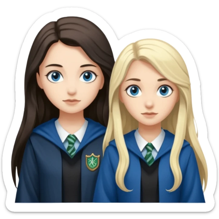 a pretty ravenclaw girl with long dark brown hair and blue eyes standing with a pretty Slytherin girl with long blonde hair, blue eyes sticker