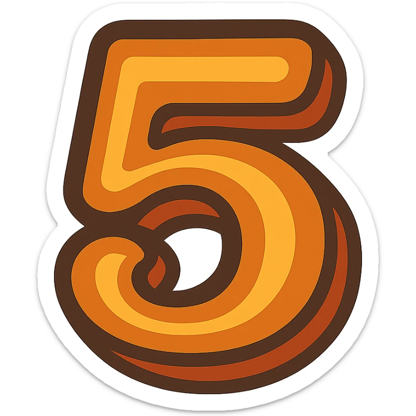 number 5 in retro 70s style, bold, groovy, shades of orange, yellow, brown, and purple sticker