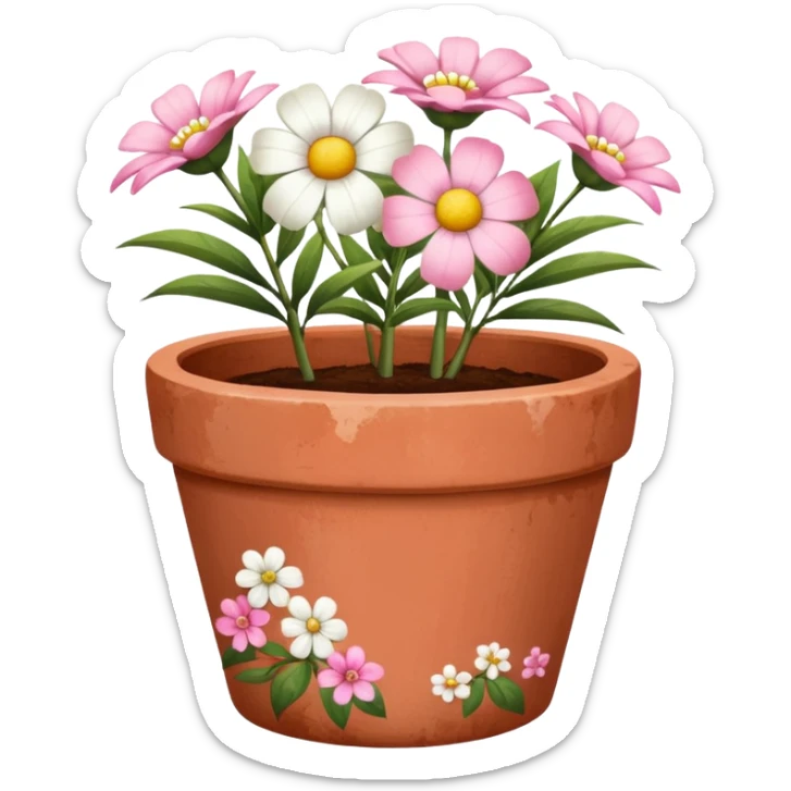 plant pot in terra cota with white and pink flowers print painted sticker
