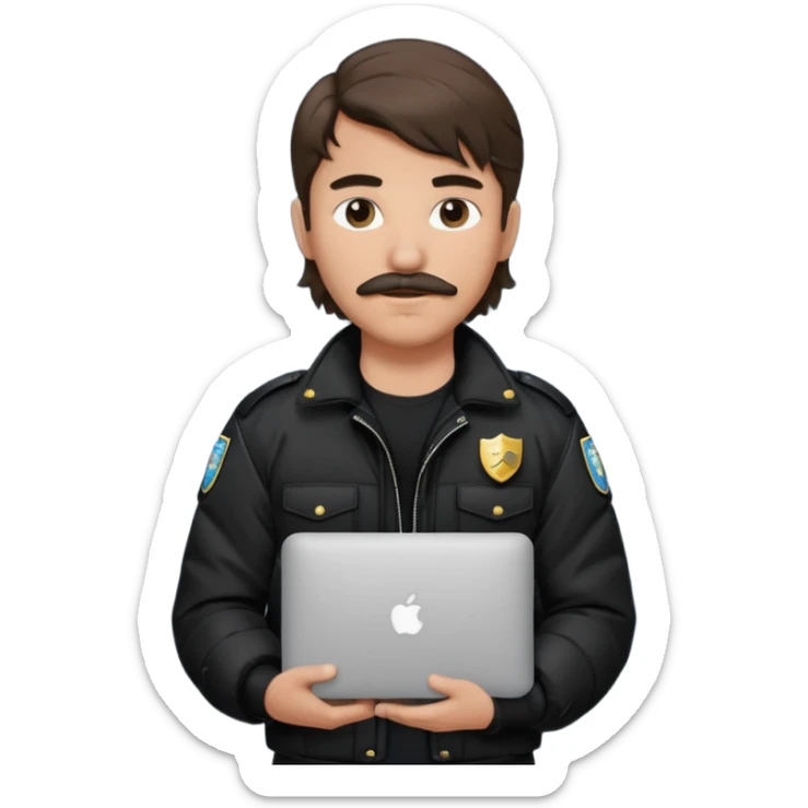 generate an ios genmoji of a 20 year old boy with shoulder length hair and a mullet. cop mustache. carrying a macbook and wearing a puffer jacket sticker
