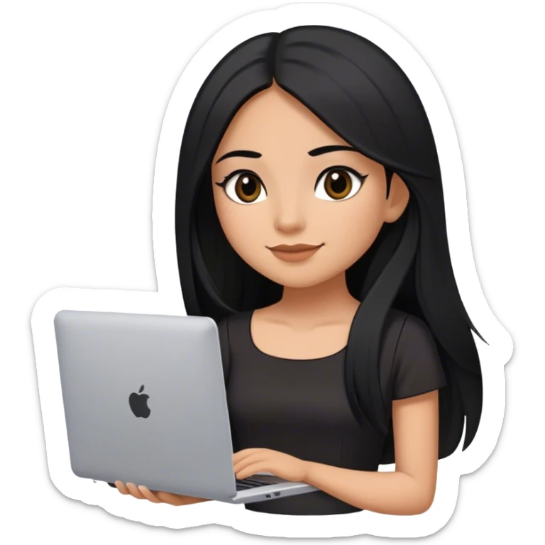 beautiful girl, with long straight black hair, with light make up, black eye liner, little smile, mexican, brown skin, with laptop, wearing litlle black dress, she stand up sticker