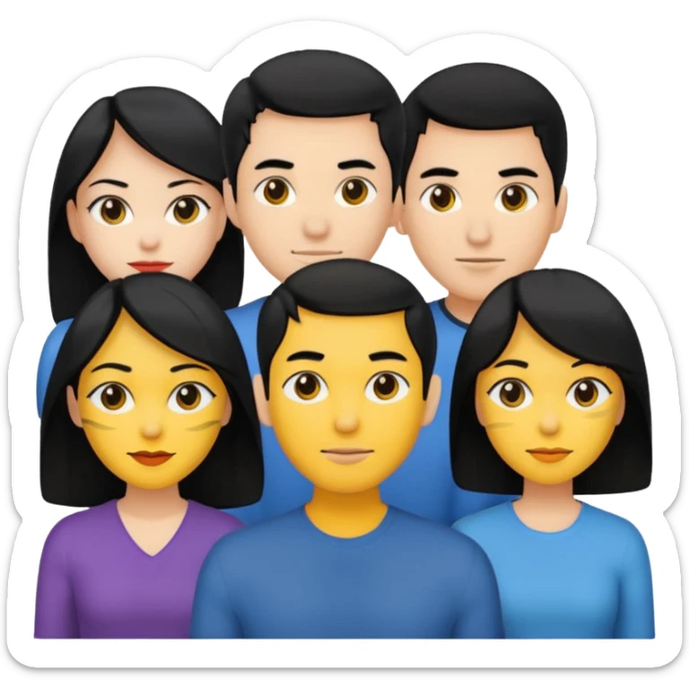 4 people, two man and two women,yellow skin,black hair, Half-body photo sticker
