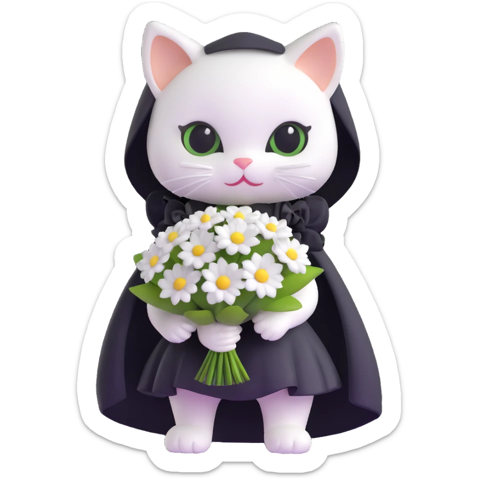 white baby cat with a black mini dress and black veil, holding a small bouquet sticker