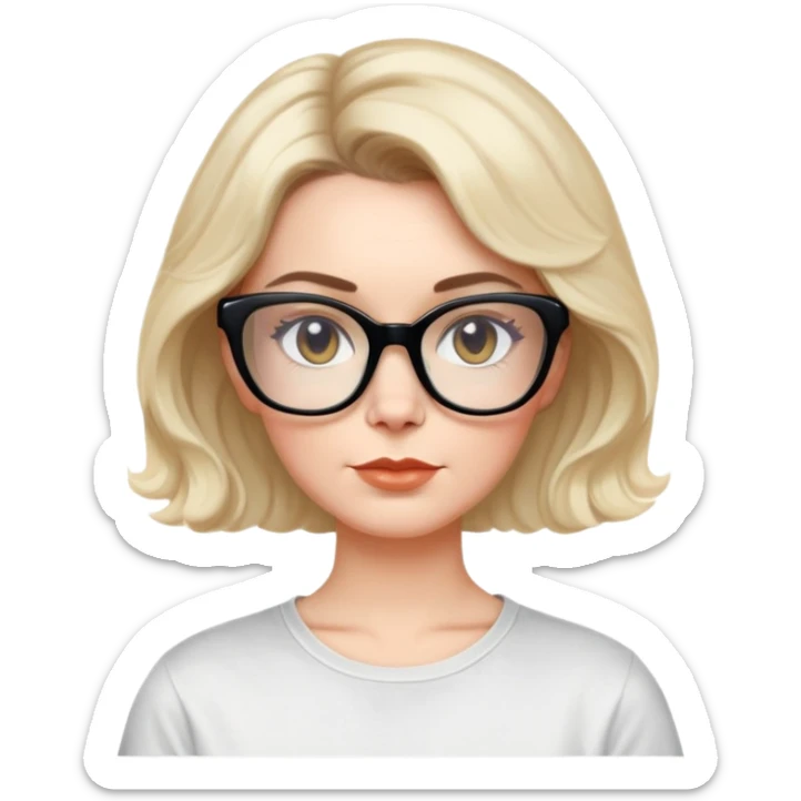 white woman about 50 years old with light warm skin, wide face, black wavy neck-length 80s short hair, low volume, neutral expression, large black shiny butterfly or cat-eye glasses, white casual t-shirt sticker