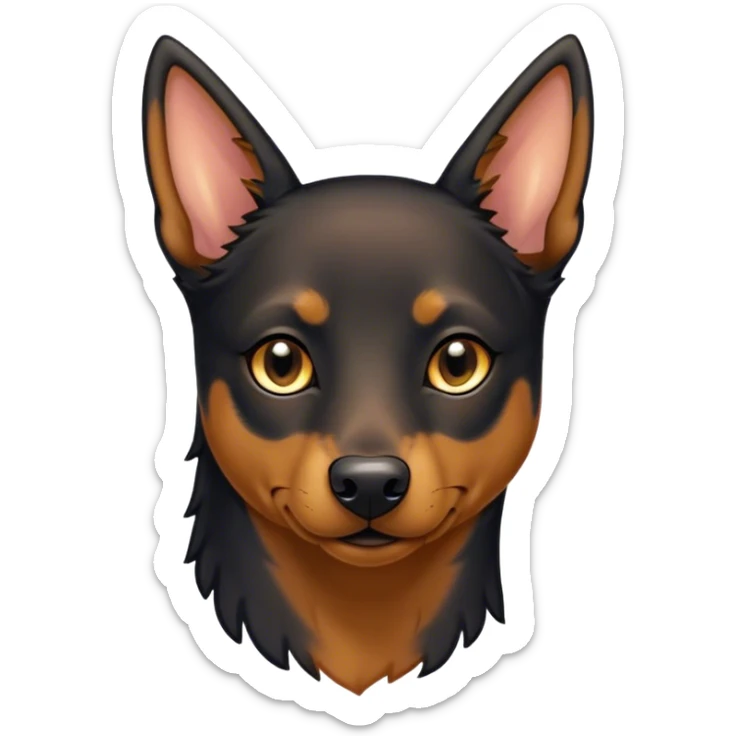 Cinematic Noble Black and Tan Kelpie Portrait Emoji, Poised and regal, with a strong, agile build and a glossy, well-groomed Fur of deep black and tan accents, piercing dark eyes, Simplified yet sharp and sophisticated features, highly detailed, glowing with a soft, dignified glow, high shine, intelligent and energetic, stylized with an air of determination, focused and attentive, soft glowing outline, capturing the essence of a watchful and confident herder, so majestic it feels as though it could bound out of the screen with effortless authority! sticker