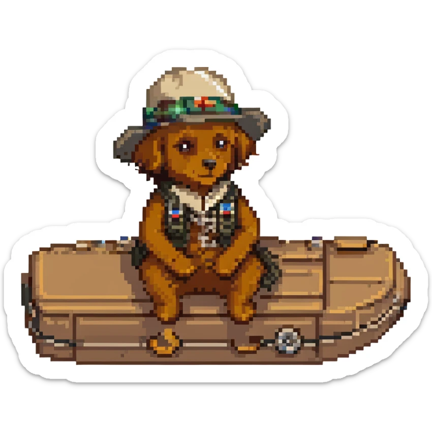 brown male wearing a hat sitting on an aircraft, retro and charming sticker