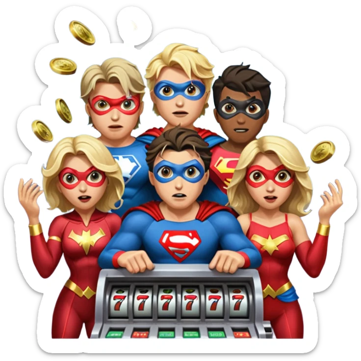 disheveled super heros losing money at a slot machine, panicked face, coins flying sticker