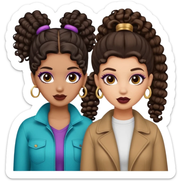 Boujy baddie best friends, trendy heavy makeup both dark hair one light skinned and one mocha brown with curls and one with ponytail sticker