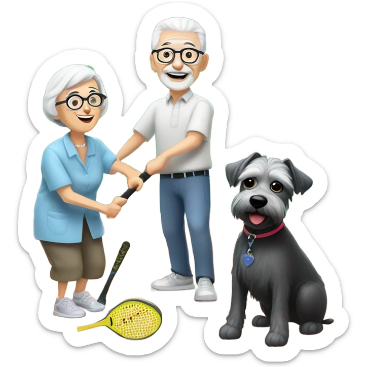 A small grandma with short grey hair and glasses, and a thin grandpa with a short white beard and glasses, playing pickle ball with their small black and white schnauzer puppy sticker