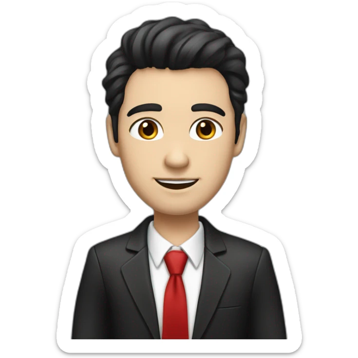 man white skin, black hair, brown eyes, black jacket with red tie. speek with client sticker