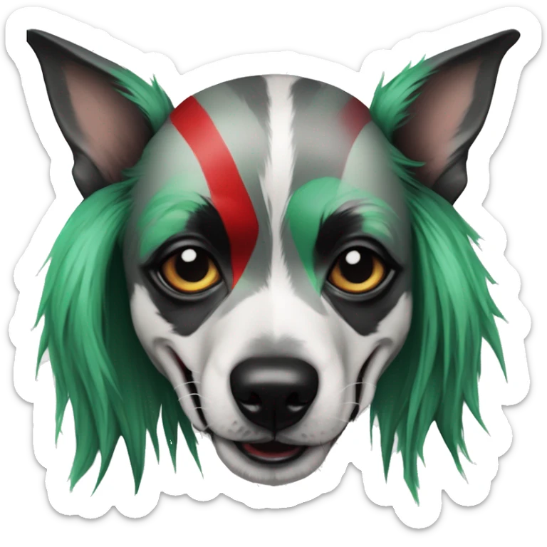 Punk dog spiked collar Green gray black red punk dog joker as a dog Harley Quinn as a dog mime clown harlequin facepaint tattoos punk lurcher surrealism  sticker