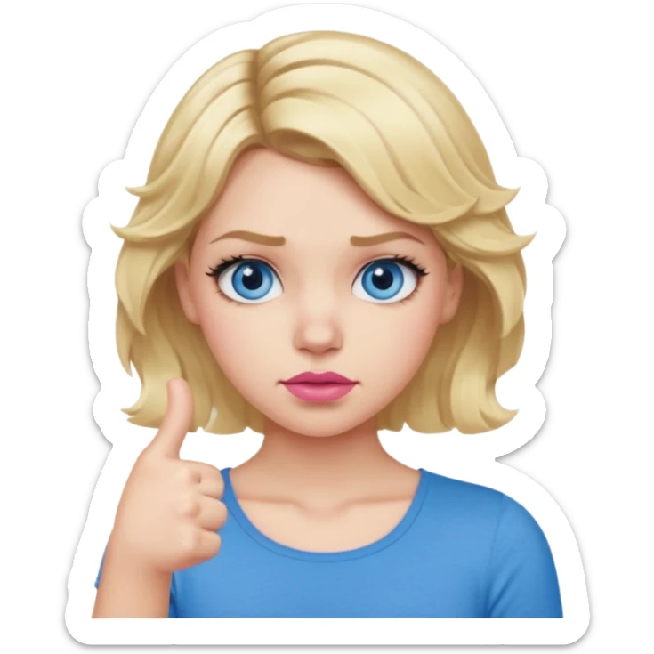 Girl Blonde short wavy hair,  blue eyes, cute blue top, long lashes, pink lips, showing thumbs down 👎  sticker