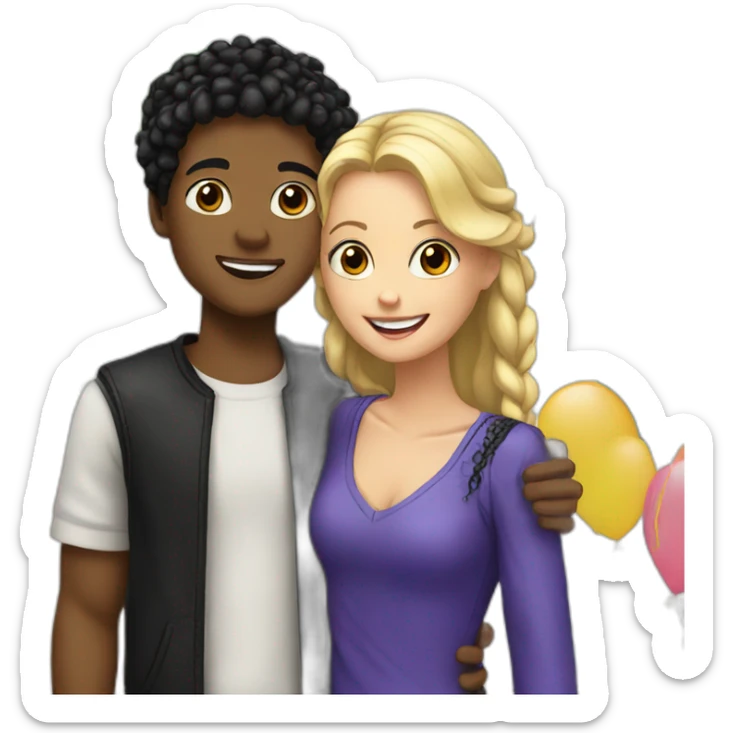 a blonde white boy celebrating his birthday with a black girl with black braids sticker
