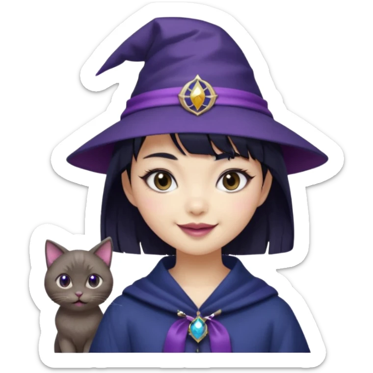 An Asian short-haired girl with short raven hair and bangs, with heterochromia eyes(her left eye is silver coloured and her right eye is dark brown coloured), cat-eyed eyeliner, and laughs with a tiny fang of mauve-toned lipstick, wears a dark navy wizard hat with an emblem on it. sticker