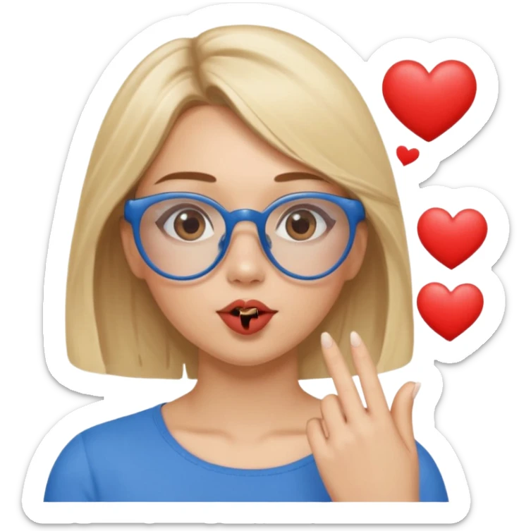 Asthectic Blonde women with brown eyes, blue glasses, waering a brown top, blowing a kiss with hearts around her. sticker