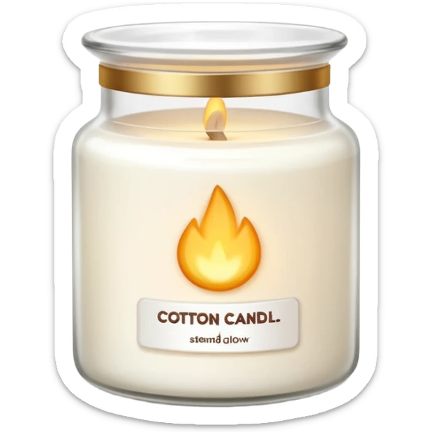 minimal flat emoji of a white scented candle in a glossy white glass jar with the label “cotton”, soft warm glow, clean vector style, elegant and modern, transparent background lux style sticker