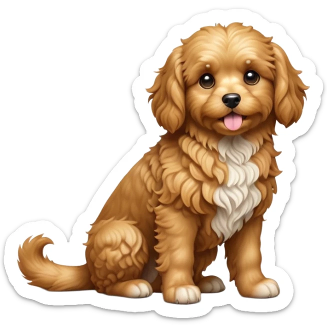 cinematic-[cavoodle dog]-realistic-full-body-sitting-emoji,-tail-resting-loosely-beside-its-paws,-head-tilted-dramatically,-very curly-[solid golden]-fur,-simplified-yet-realistic-focused-features,-highly-detailed,-glowing-with-an-almost-sarcastic-glow sticker