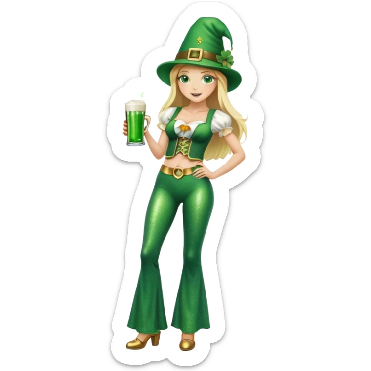 Blonde haired girl in glittery green bell bottoms and tall leprechaun hat holding a green beer sticker