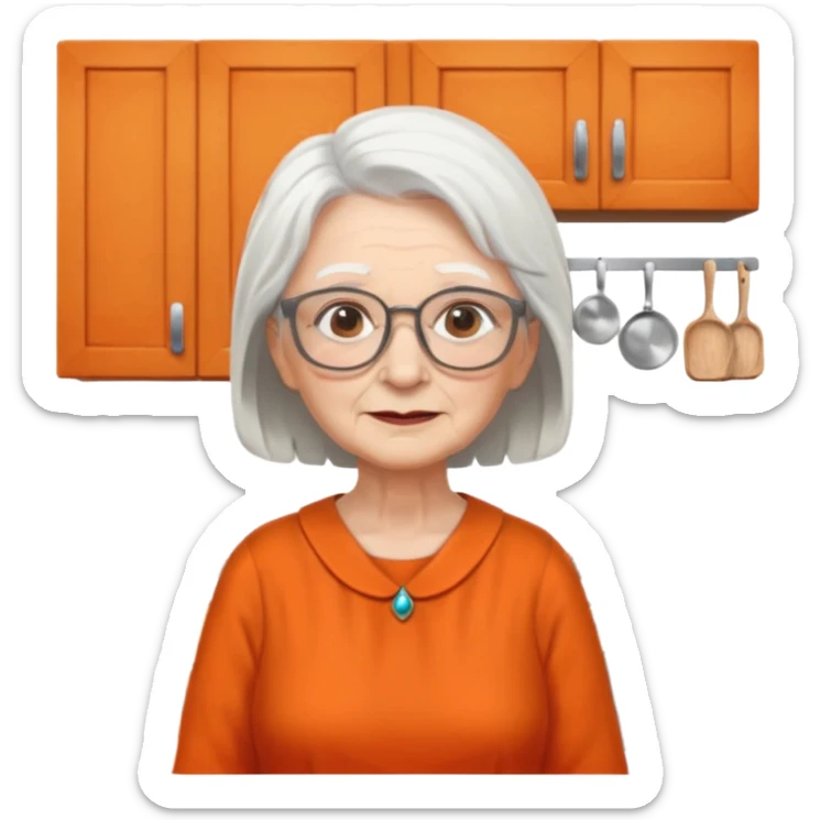 OLD LADY IN KITCHEN OUTFIT ORANGE DRESS, GLASSES. WHITE HAIR  sticker