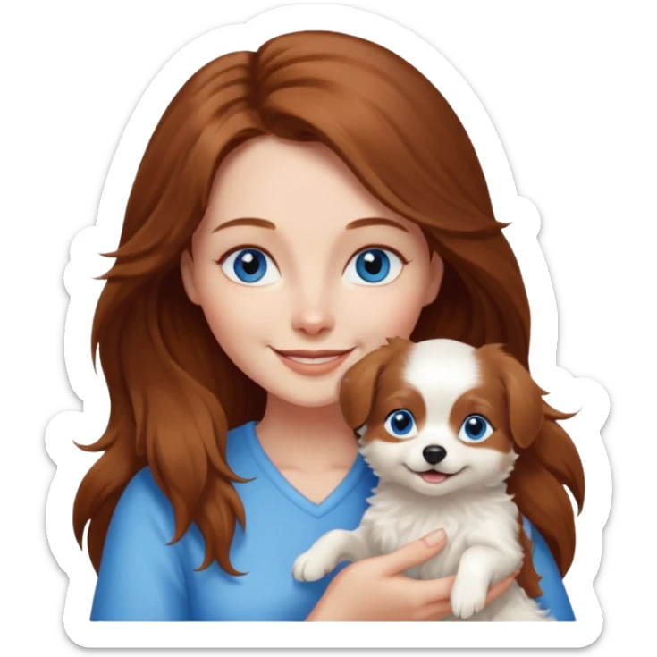 long hair chestnut color blue eyes woman holding small just white dog sticker