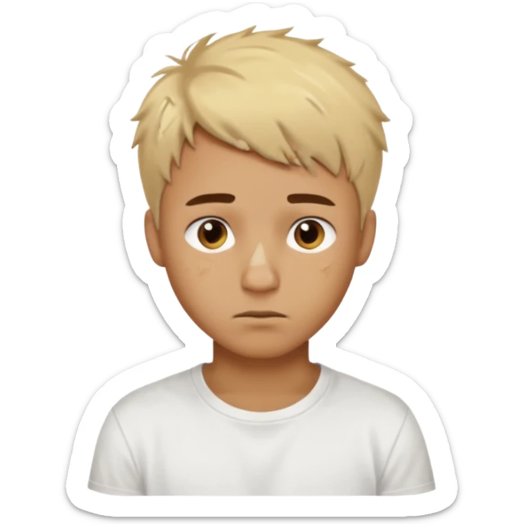Male with short, messy blonde hair, large expressive golden-brown eyes, brown skin color, scar over nose, wearing a plain white t-shirt. sticker