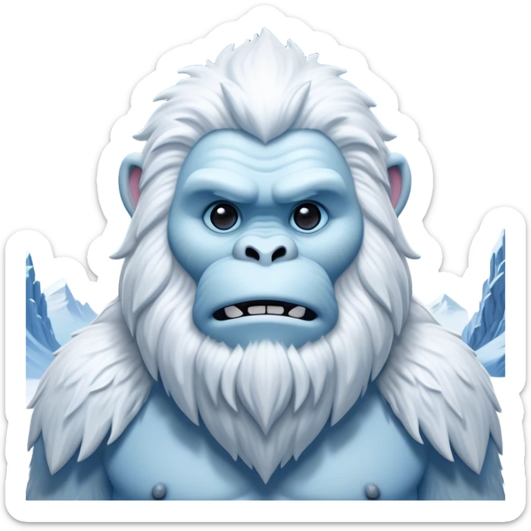 Cinematic Noble Yeti Portrait Emoji, Grand and enigmatic, with a towering, snow-dusted figure in pristine whites and cool blues, exuding ancient, mystical wisdom and stoic majesty, simplified yet exquisitely detailed with frosty textures, glowing with a gentle, icy outline that captures the awe-inspiring presence of a guardian of the frozen wilds! sticker