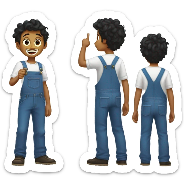 emoji of a boy from behind, pointing to the sky, white shirt and blue overalls, wavy dark brom hair, emoji style, pixar style, simple style, emoji. sticker