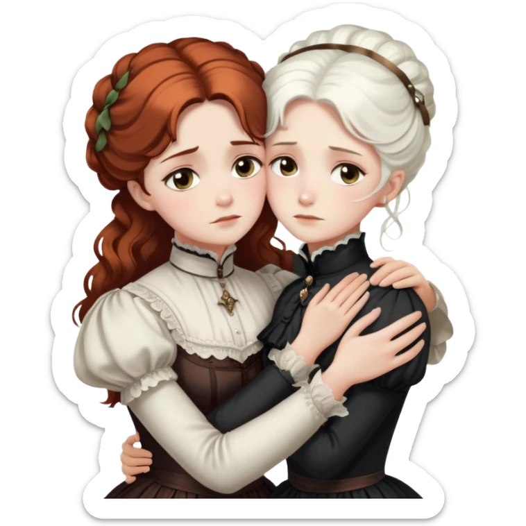 Two Victorian women with light eyes embracing in a sad, intimate hug. One woman has bright white coiffed hair and the other has dark copper coiffed hair. Both wearing Victorian high-neck dresses with their arms wrapped tightly around each other sticker