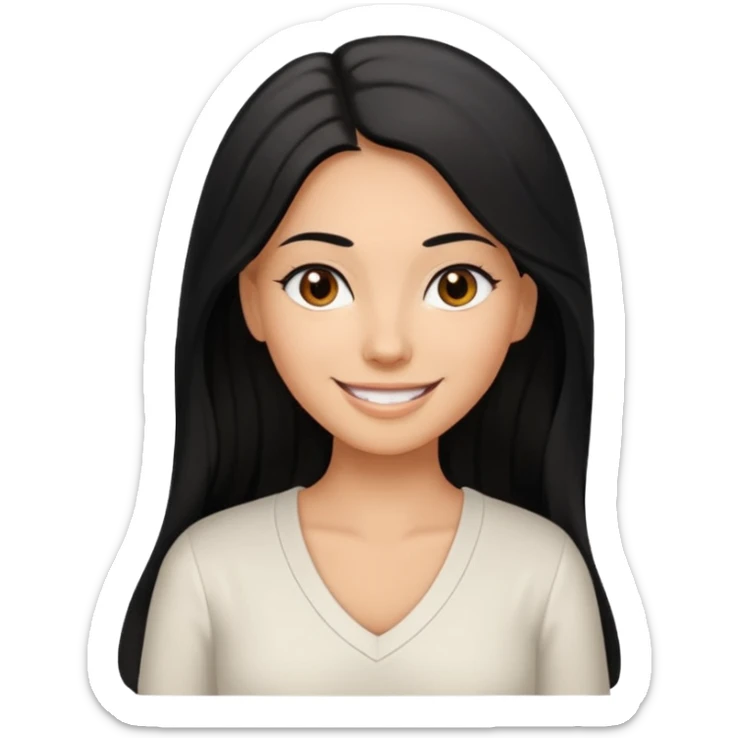 medium tan woman with long black hair past middle of back, round brwn eyes, white v neck blouse smiling. sticker