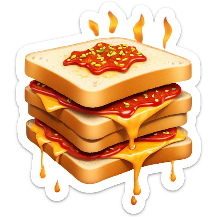 extra spicy sucuk sandwich object icon, crispy toasted bread, lots of spicy sucuk slices, dripping melted cheese, hot chili sauce, red pepper flakes, spicy steam effect, 3D cartoon, mobile game icon style, clean background, no text, no watermark
 sticker