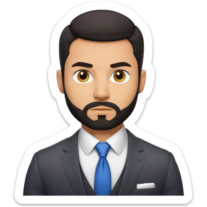 green eyes, dark short hair, muscular shoulders, big lips big nose big eyes, masculine good looking, dark beard wearing a suit . buttons of the shirt open. and olive skin tone  sticker