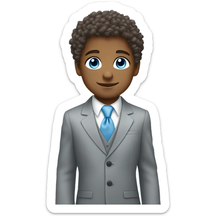 Little young  gentleman wearing a grey suit with white shirt and baby blue tie with blue eyes , white boy and brown curly hair and full body . Wearing a watch  sticker
