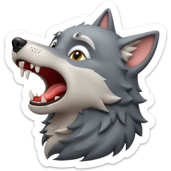 emoji of a wolf howling, head tilted upward with open mouth, small sound lines near the mouth to show the howling action, simple cartoon style sticker