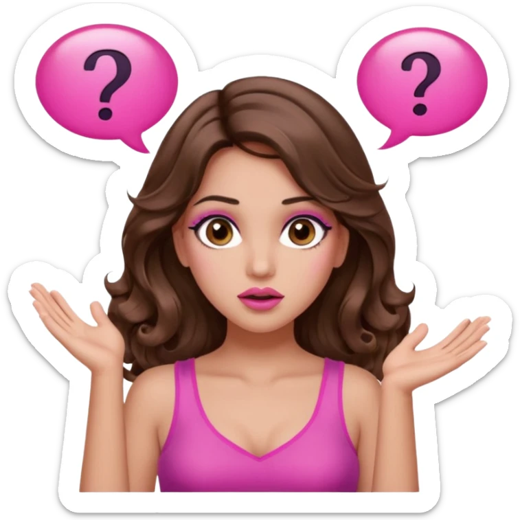 girl with long wavy brown hair, brown eyes, long lashes makeup, sexy pink lips, light to medium complexion, pink sexy top, two hands up, shrugging, confused question mark bubble sign sticker