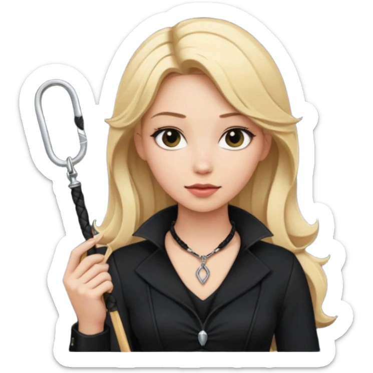 Dominatrix with blonde hair, black outfit, long key necklace, and a whip sticker