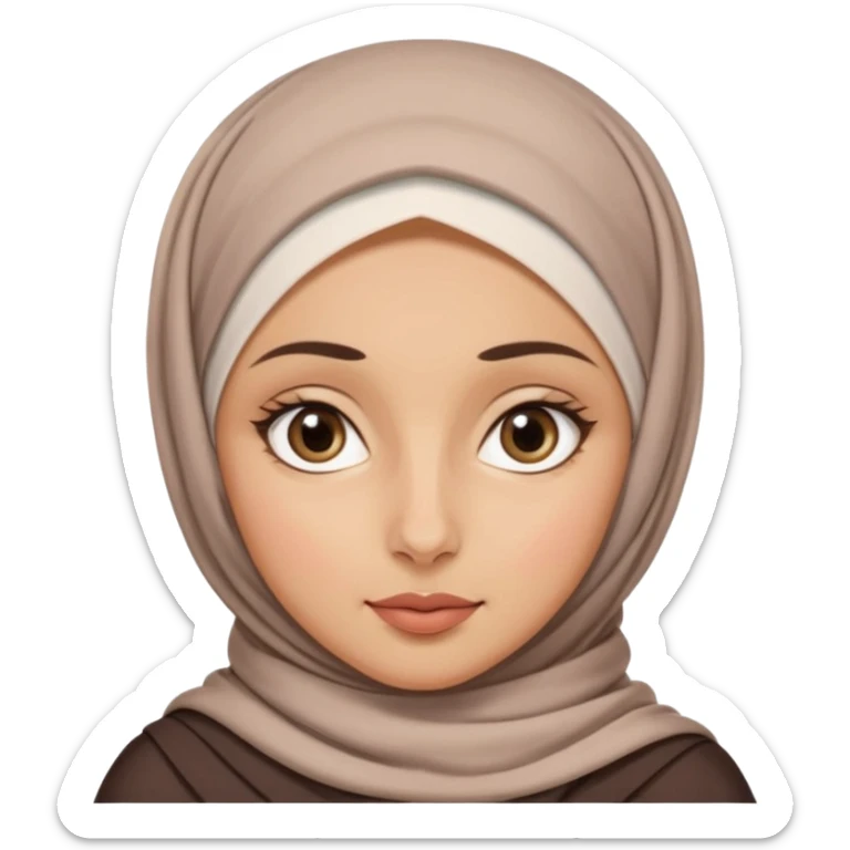 A girl in a French hijab, with an oval face, medium-sized forehead, wide eyes, straight nose, and full lips. She has thick, wavy hair and medium-toned skin with straight eyebrows sticker