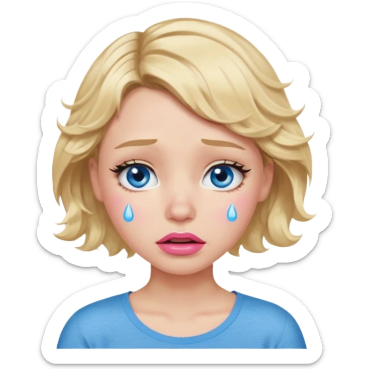 Girl Blonde short wavy hair,  blue eyes, cute blue top, long lashes, pink lips,crying with big tears running down the face  sticker