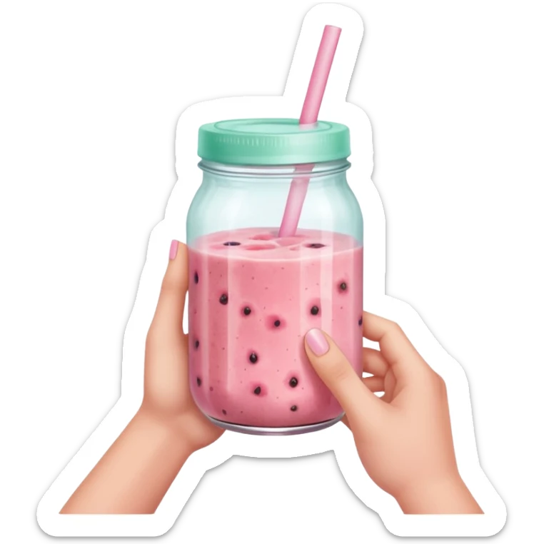 Hand-holding smoothie jar of guava or passion fruit drink, pastel pink tone. sticker