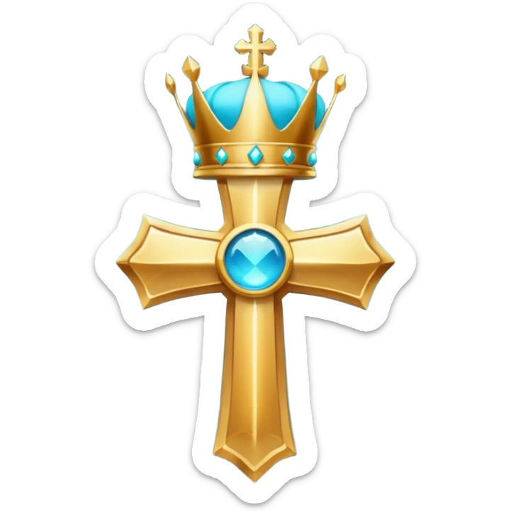 a golden, glowing cross with a cyan crown on top of it, with no background sticker