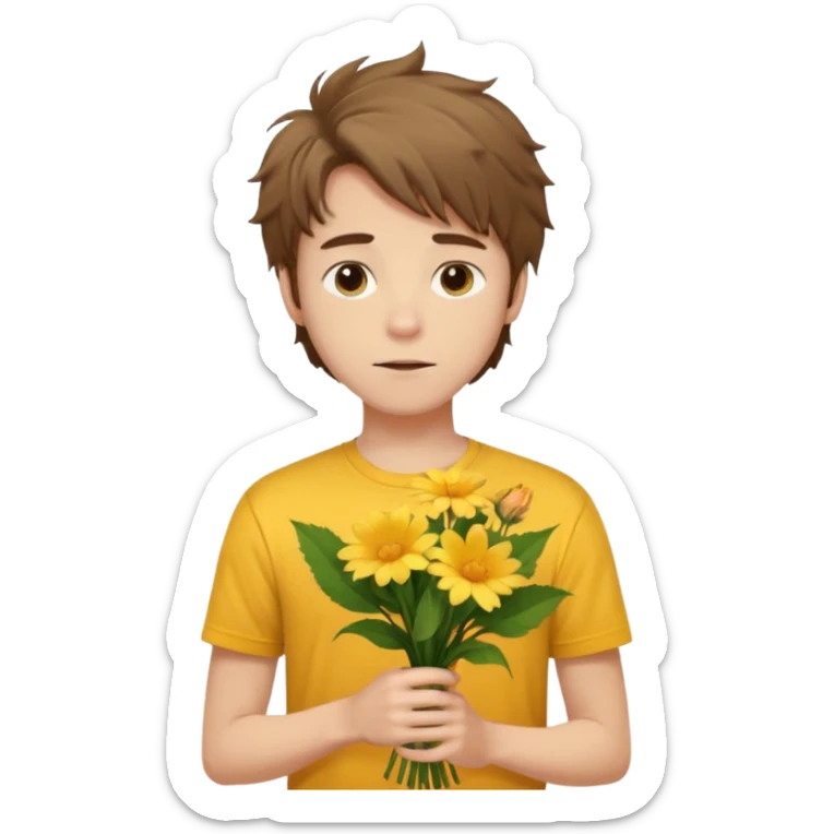 generate an ios genmoji of a 20 year old fair boy with brown long and messy hair with stubble on cheeks. should look like he cant grow a mustache., carrying a flower bouquet, wearing a yellow tshirt, looking shy sticker