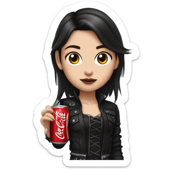 young metalhead brunette girl wearing gothic clothes and coca cola on her hand sticker