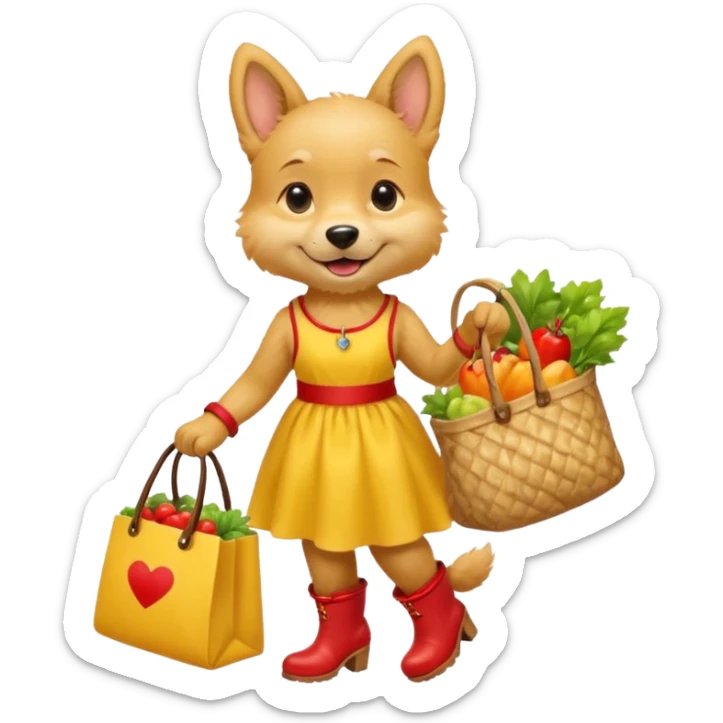 smiling-dog-in-a-yellow-dress,-red-boots,-carrying-a-market-bag sticker